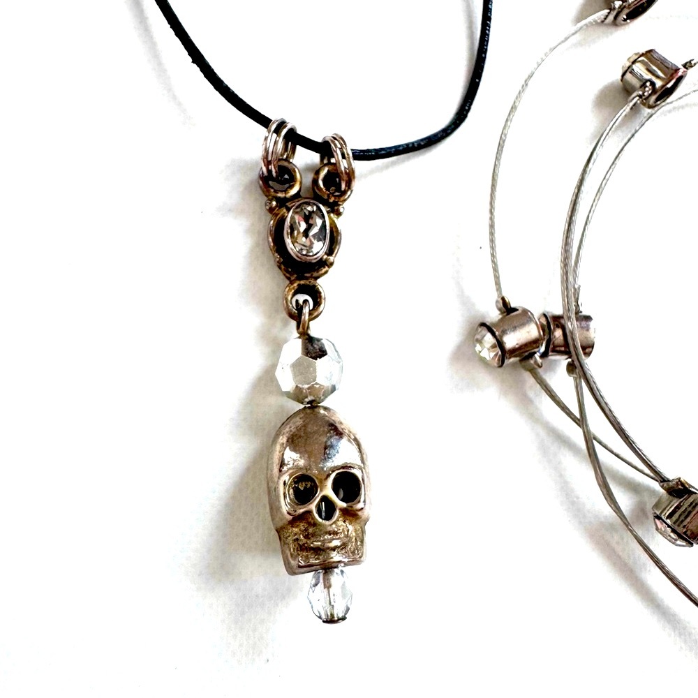 Boho Skull Necklace and Bracelet Set Bundle Silver and Black Rhinestone Accents